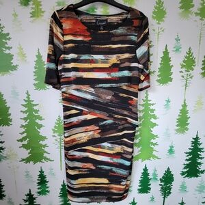 New Connected Apparel Short Sleeve Laser Cut Striped Sheath Dress.